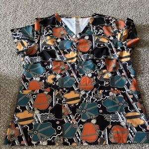 PANDAMED SCUBS Women's Scrub Top Sz L‎ V-neck Multi Color